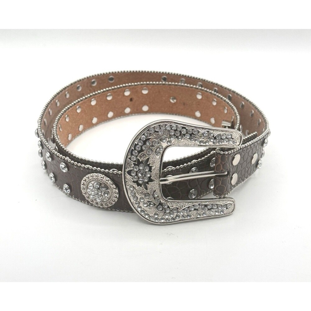 Studded Rhinestone Brown‎ Leather Alligator Western Belt Plus XXL Bling 52” READ